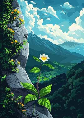 Mountain Landscape with Flower and Rock