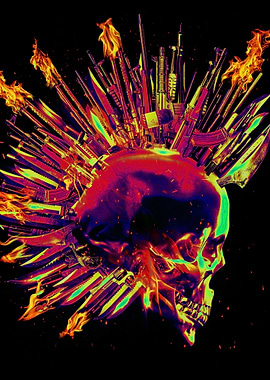 skull with weapons and flames