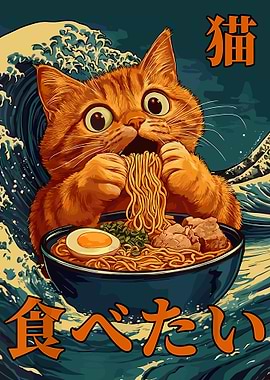 Cat Eating Ramen with Wave Background