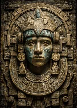 Aztec Stone Carving with Turquoise Details