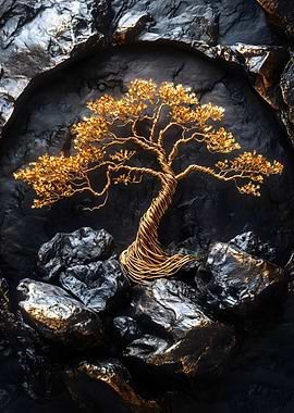 Golden Tree on Rocks