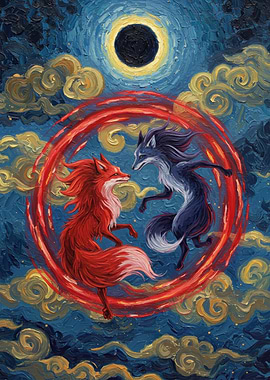 Red and Blue Foxes Under Eclipse