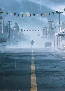 Misty street with figure and bunting