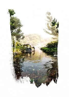 Lush River Landscape with Brushstroke Effect