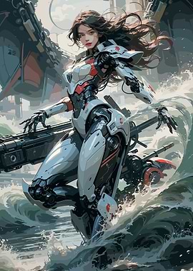 Cyberpunk Girl in Robotic Armor on Water