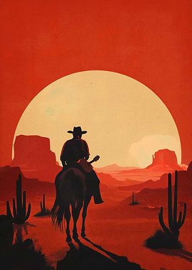 Cowboy Riding into Sunset