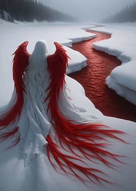 Red-winged figure by a frozen river