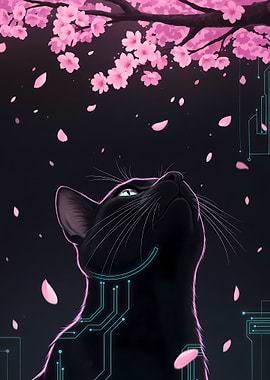 Cyber Cat Blossom Gaze | Noir Futuristic Feline | Neon Sakura Night