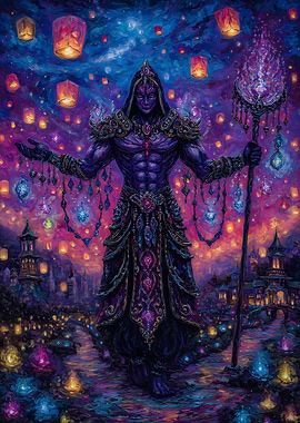 Mystical Figure in Lantern-Lit Landscape