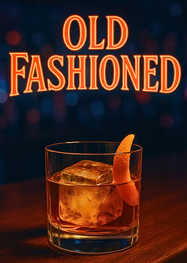 Neon-Lit Old Fashioned in Rocks Glass with Orange Twist