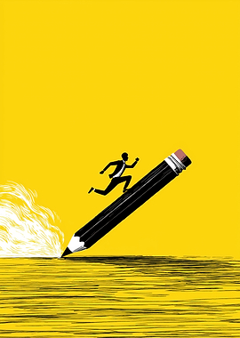 Man Running on Pencil, Yellow Background