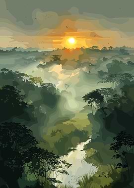 Sunrise over Misty Forest Landscape Art