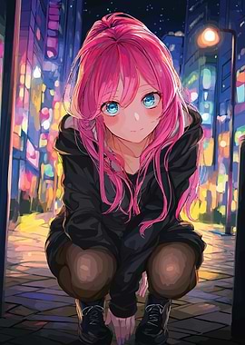 Anime Girl in Cityscape at Night
