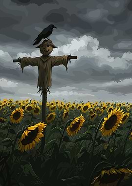 Scarecrow and Crow in Sunflower Field