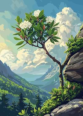 Mountain Landscape with Flowering Tree