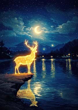 Glowing Deer by Lake at Night