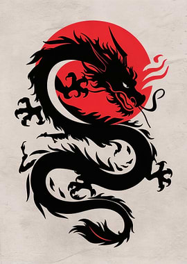 Black Dragon Silhouette with Red Sun