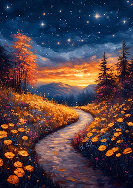 Starry Night Landscape with Winding Path