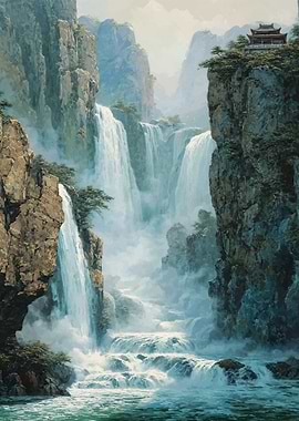 Majestic Waterfall Landscape with Asian Temple
