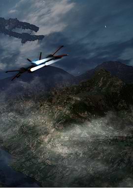 Futuristic Spaceship Over Mountainous Terrain