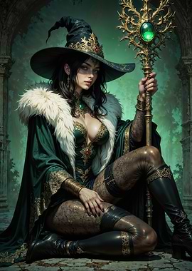 Emerald Sorceress: A Mystical Enchantress with Glowing Staff in Ancient Ruins