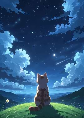 Cat gazing at starry night sky