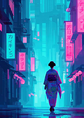 Cyberpunk Geisha in Neon Cityscape
