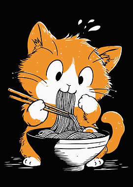 Cartoon Cat Eating Ramen Noodles