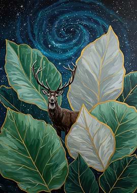 Deer in Leaves Under Starry Sky