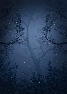 Mystical Forest at Night with Fireflies