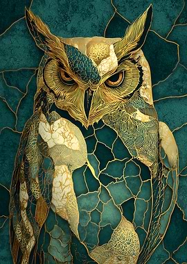 Owl Kintsugi Portrait in Teal and Gold