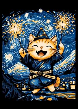 Happy Cat with Sparklers in Starry Night
