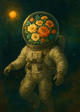 Astronaut with Flowers in Space Helmet