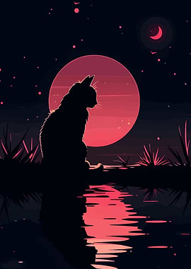 Silhouette Cat Under Red Moon