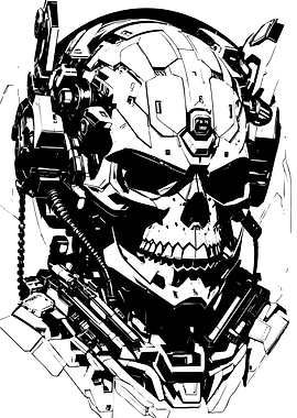 Cyberpunk Skull Robot Black and White