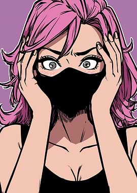 Worried Woman with Pink Hair and Mask
