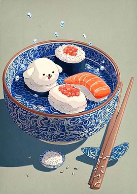 Sushi Bowl with Dog and Chopsticks