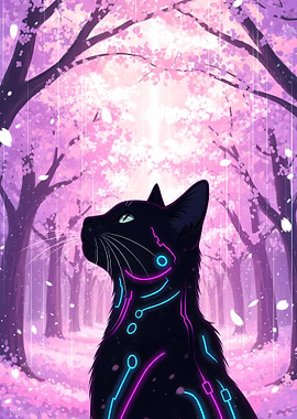 Cyber Cat in Cherry Blossom Forest