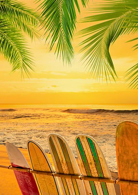 Surfboards on Beach at Sunset