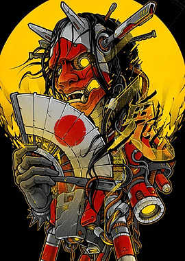 Cyberpunk Oni Mask with Japanese Fan