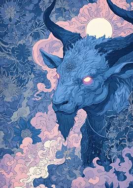 Blue Goat with Floral Background