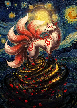 Nine-tailed Fox in Starry Night Style