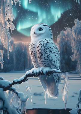 Snowy Owl Under Aurora Borealis
