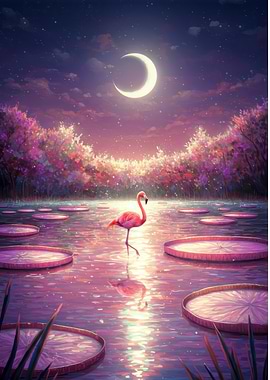 Flamingo in a Dreamy Lily Pond