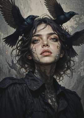 Enigmatic Gaze: Dark Fantasy Portrait of a Woman with Ravens
