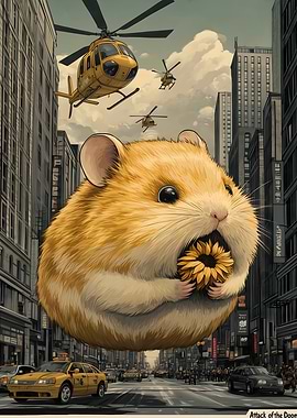 Cute Giant Hamster in Cityscape Japan with Helicopters