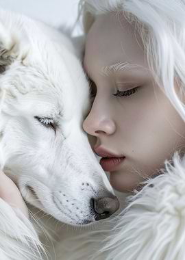 Albino woman with white dog portrait