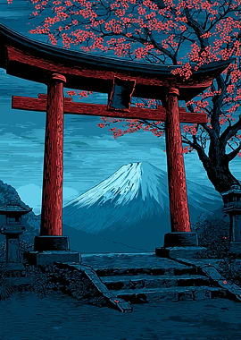 Japanese Torii Gate with Mount Fuji