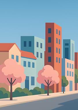 Cartoon Cityscape with Trees and Buildings