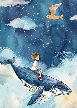 Boy Riding Whale Starry Sky
